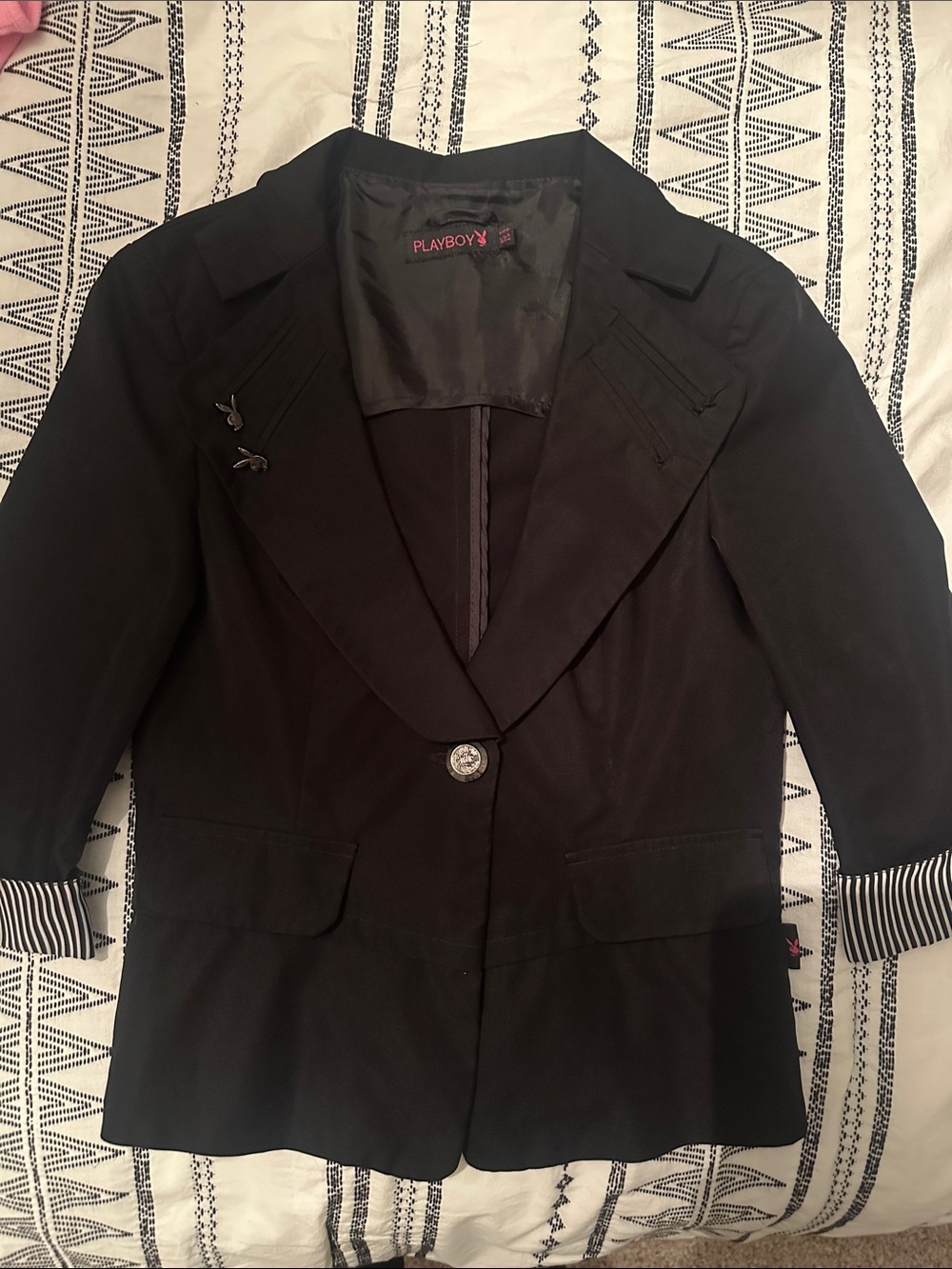 💋Y2K PLAYBOY Women's Black Single-Button Blazer with Striped Cuffs